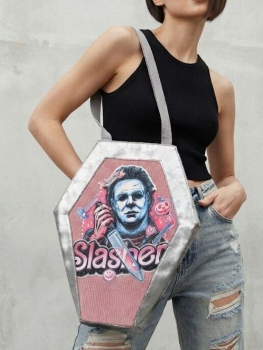 Slasher pink and grey Halloween Coffin Tote Bag